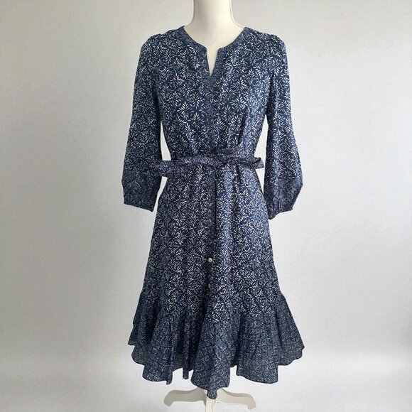 TALBOTS Blue Florette Patterned Belted Midi Dress Size 4 - Picture 1 of 8